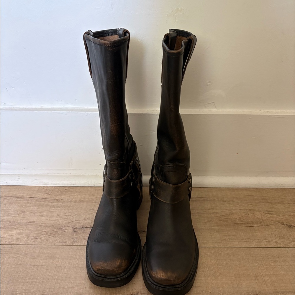 Frye Distressed Brown Leather Harness Mid-Calf Boot with Block Heel - Picture 3 of 6
